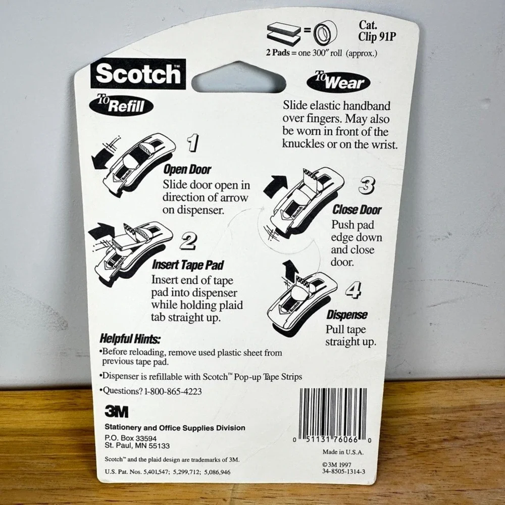 Scotch Pop-up Tape Strip Dispenser Hand Wearable Vintage 1997 Refillable‎ 3M